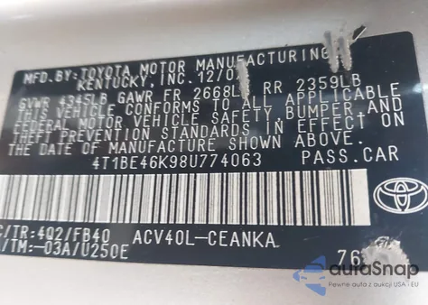 2008 Toyota Camry Le from USA, damaged, VIN 4T1BE46K98U774063